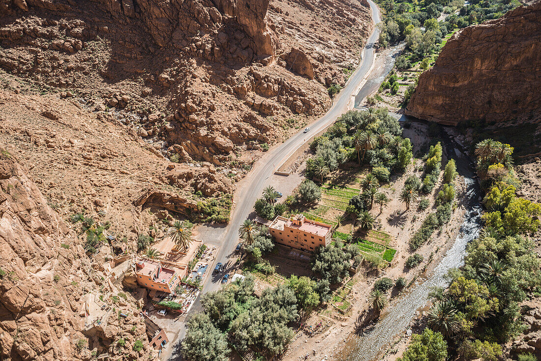 Aerial view of road leading to Todra Gorge, Atlas Mountains, Morocco