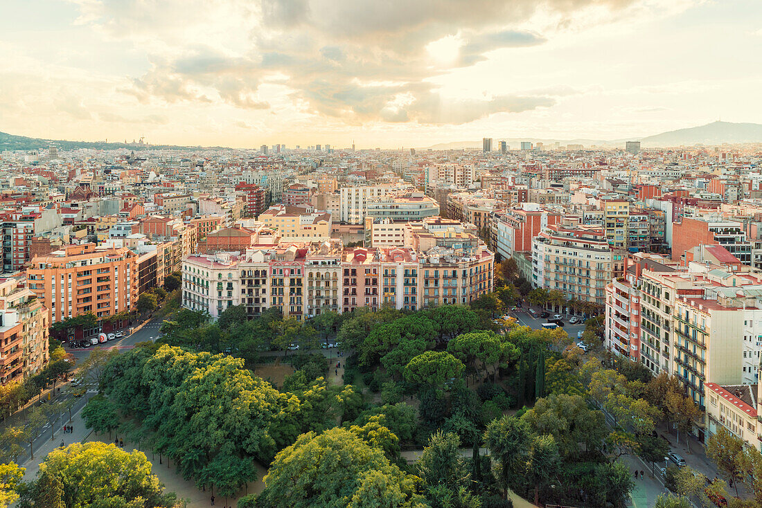Aerial view of city of Barcelona before sunset, Catalonia, Spain