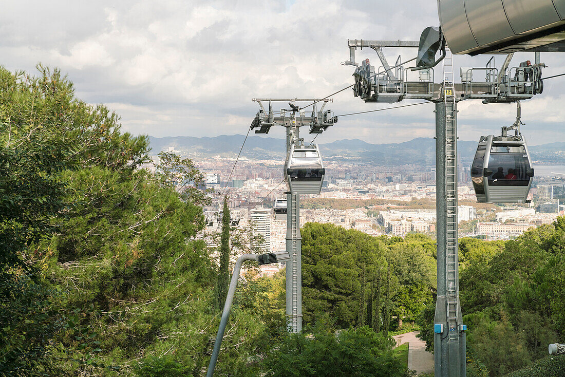 View of overhead cable cars in Montjuic, Barcelona, Catalonia, Spain