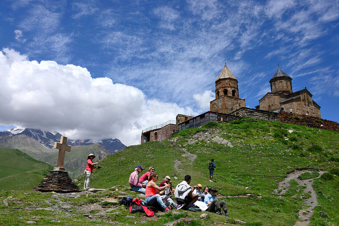 At Zminda-Sameba church near Kazbegi at the old Military road, Big Caucasus, Georgia