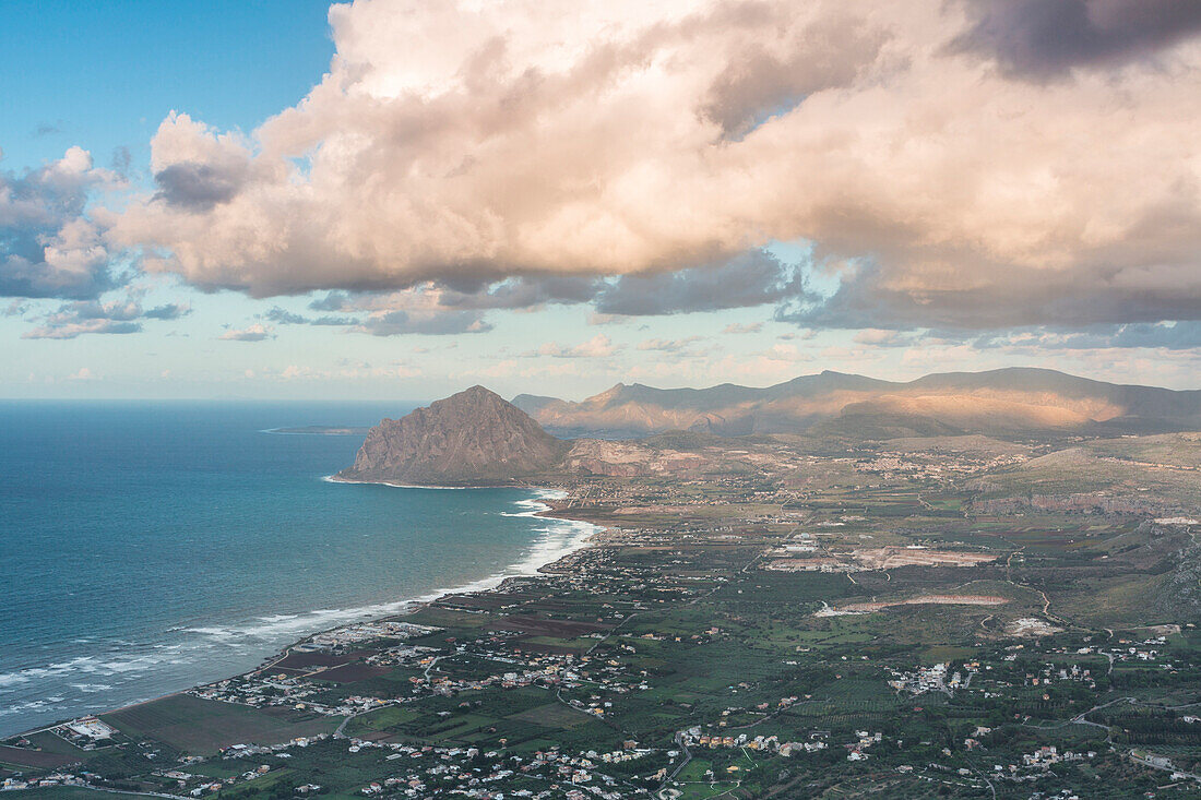 Cornino bay and Cofano Mountain seen from Erice, province of Trapani, Sicily, Italy