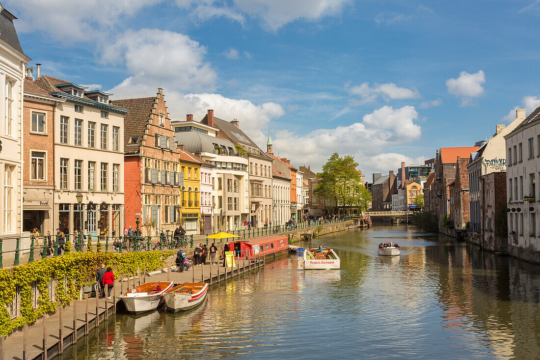 Colorful buildings along the Leie river in the city of Ghent, east flanders province, flemish region, Belgium.