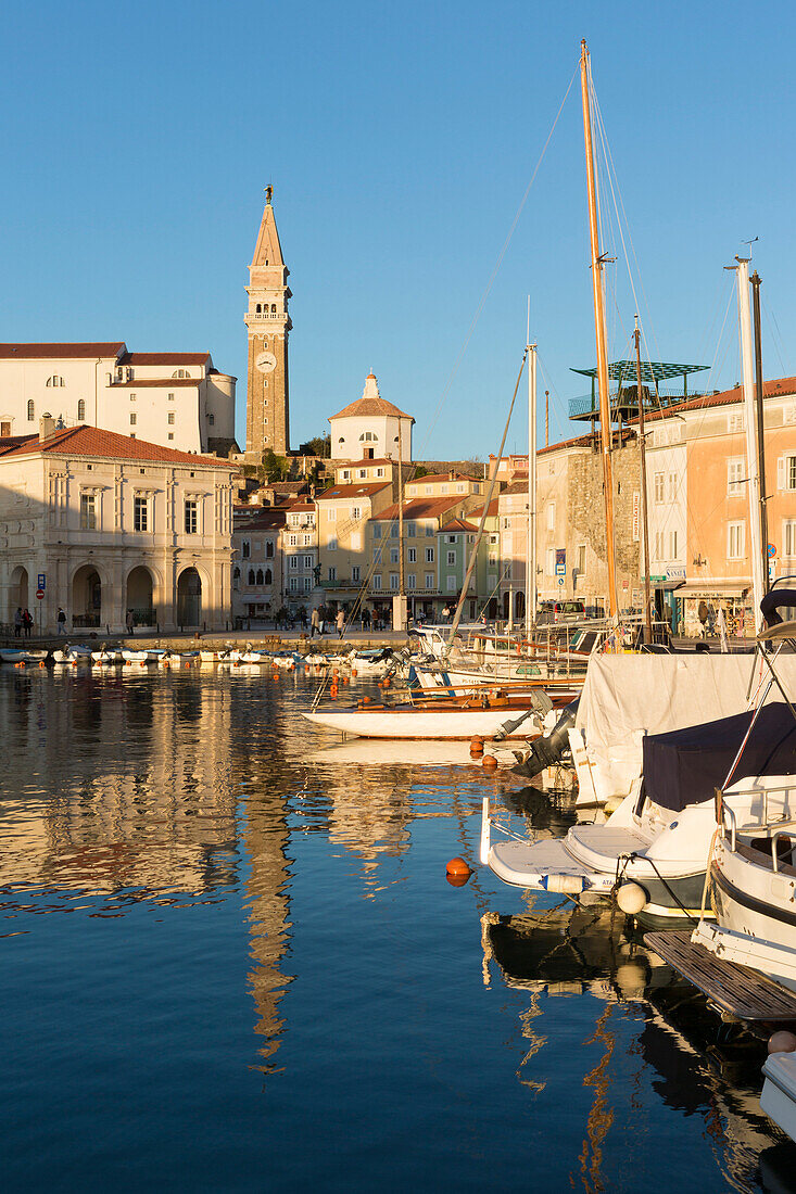 Tartini square viewed from the harbour at sunset, Piran, Istria, slovenia