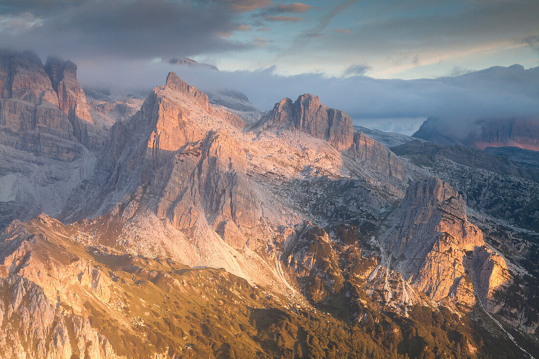 Piz Galin, Brenta Dolomites, Andalo, Adamello Brenta natural park, Trentino Alto Adige, Italy, Europe. View of Brenta group at sunrise