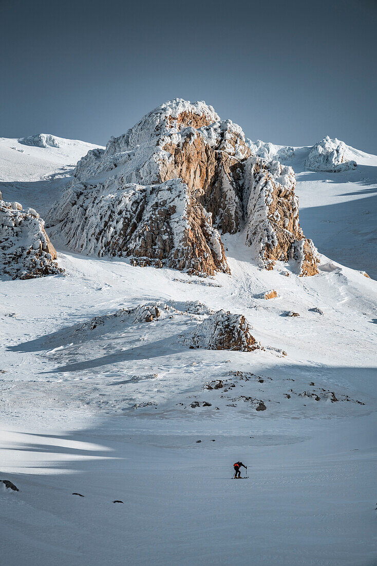 Solitary skialper below Monte Amaro in Maiella, Maiella, L'Aquila province, Abruzzo, Italy, Europe