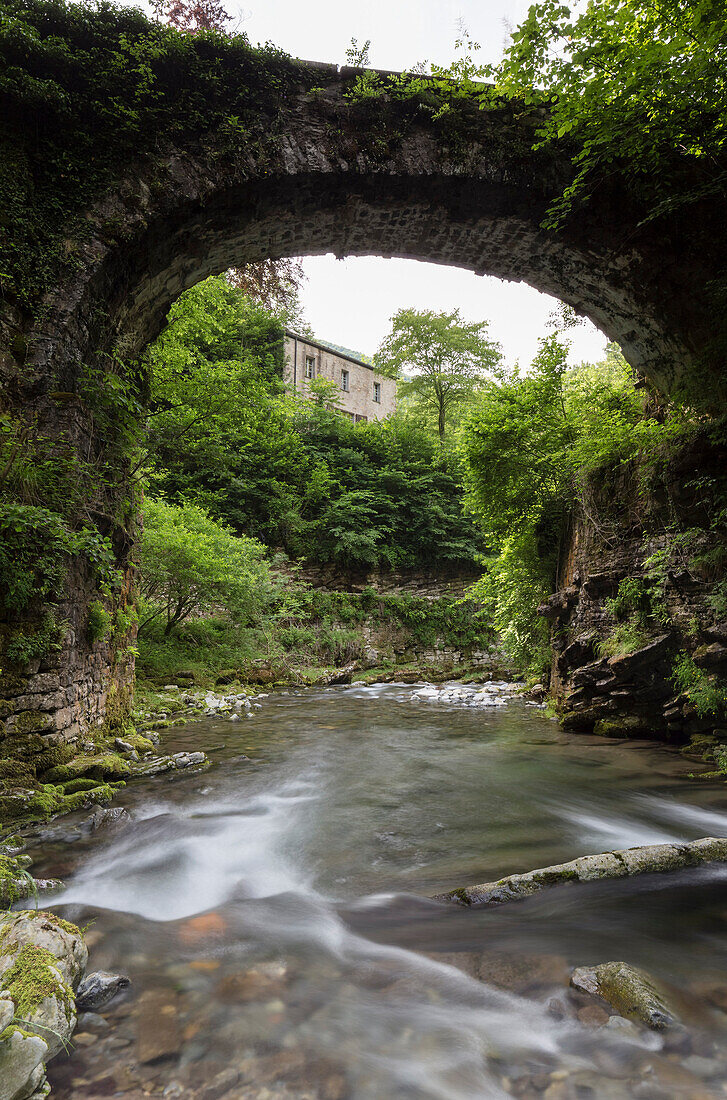 Bridge over the river Breggia at the Bruzella mill, Muggio Valley, Mendrisio District, Canton Ticino, Switzerland.