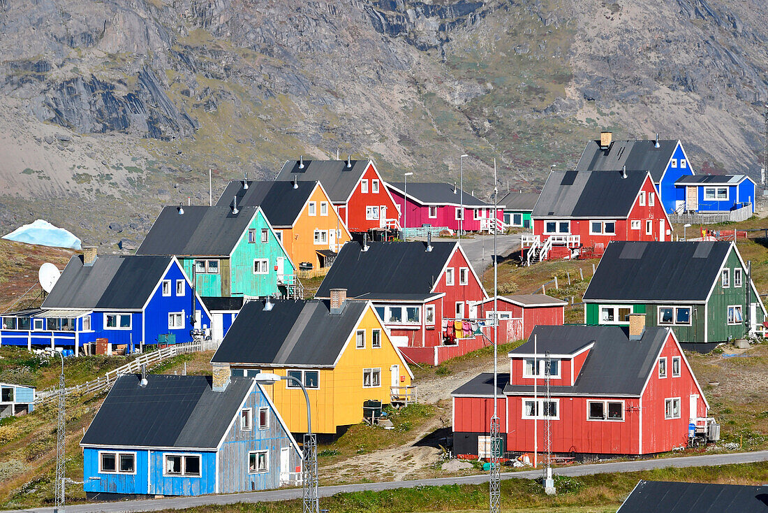 Nordic colored houses with Iceberg, Narsaq,Greenland
