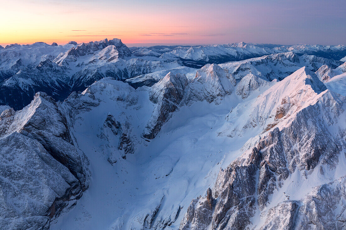 Aeeial view towards Pala group, Dolomites, Alps, Belluno, Veneto, Italy