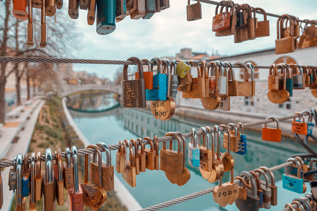 Love padlocks on the Butchers' Bridge, Ljubljana, Slovenia, Europe