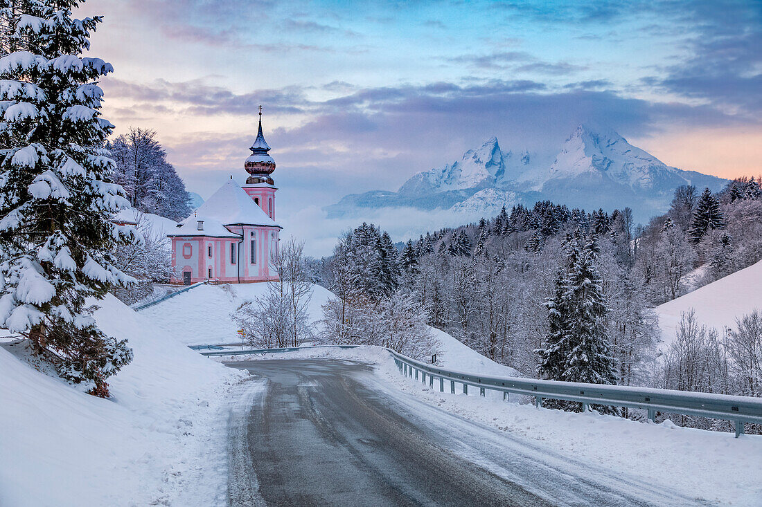 Pilgrimage church Maria Gern in winter and Watzmann in background, Berchtesgaden, Bavaria, Germany, Europe