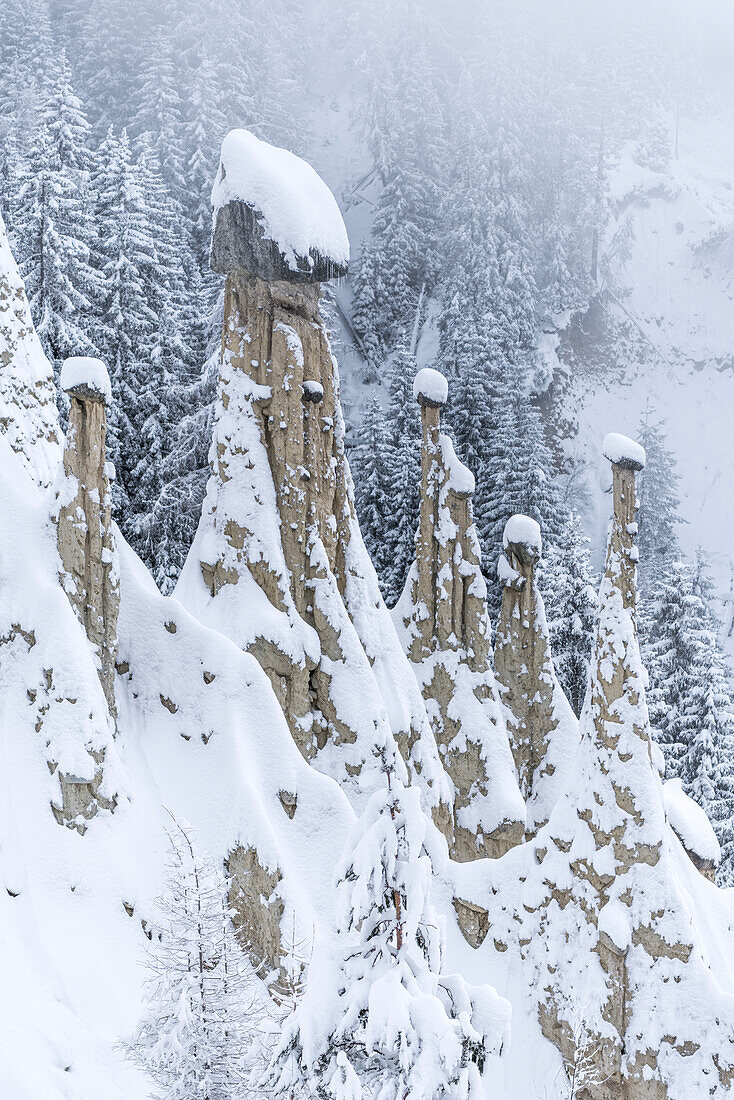 Perca/Percha, province of Bolzano, South Tyrol, Italy, Europe. Winter at the Earth Pyramids