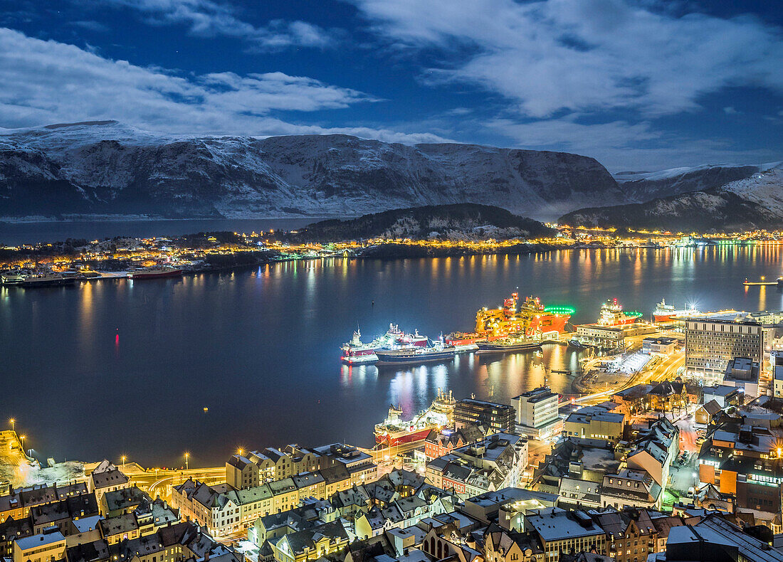Alesund, Vestlandet, More og Romsdal county, Norway, Europe. Night view from above of Alesund port, one of most important city of Norway.