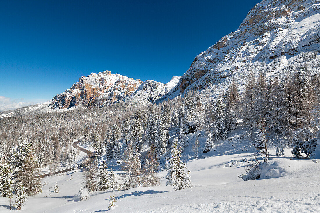 Winter day in Valparola. Alta Badia, South Tyrol, Italy.