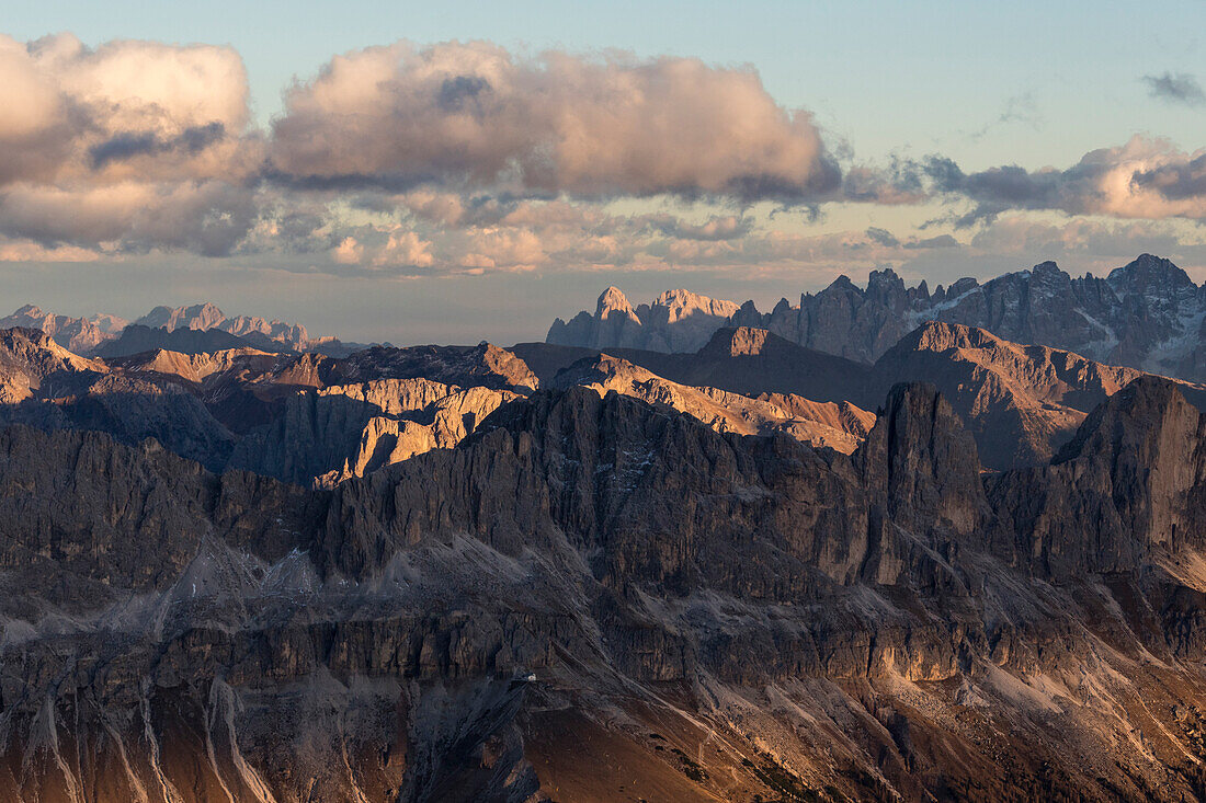 Aerial view of the rocky peaks of Catinaccio Group (Rosengarten) at sunset, Dolomites, South Tyrol, Italy
