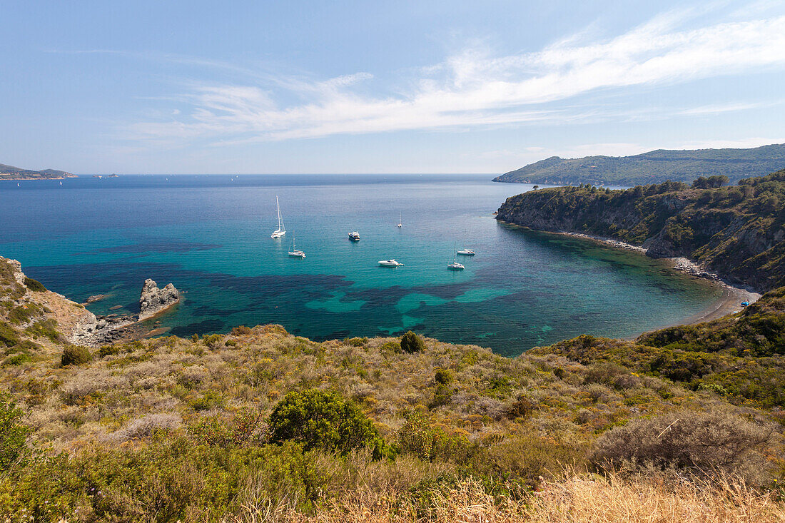 Sailboats in the turquoise sea, Sant'Andrea Beach, Marciana, Elba Island, Livorno Province, Tuscany, Italy