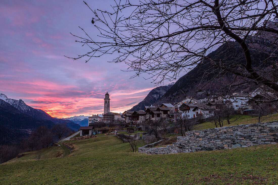 Apine village of Soglio at sunset, Bregaglia Valley, Maloja Region, Canton of Graubunden, Switzerland