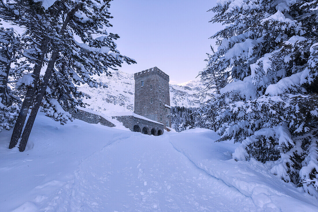 Snowy path towards Belvedere Tower, Maloja Pass, Bregaglia Valley, canton of Graubunden, Engadin, Switzerland