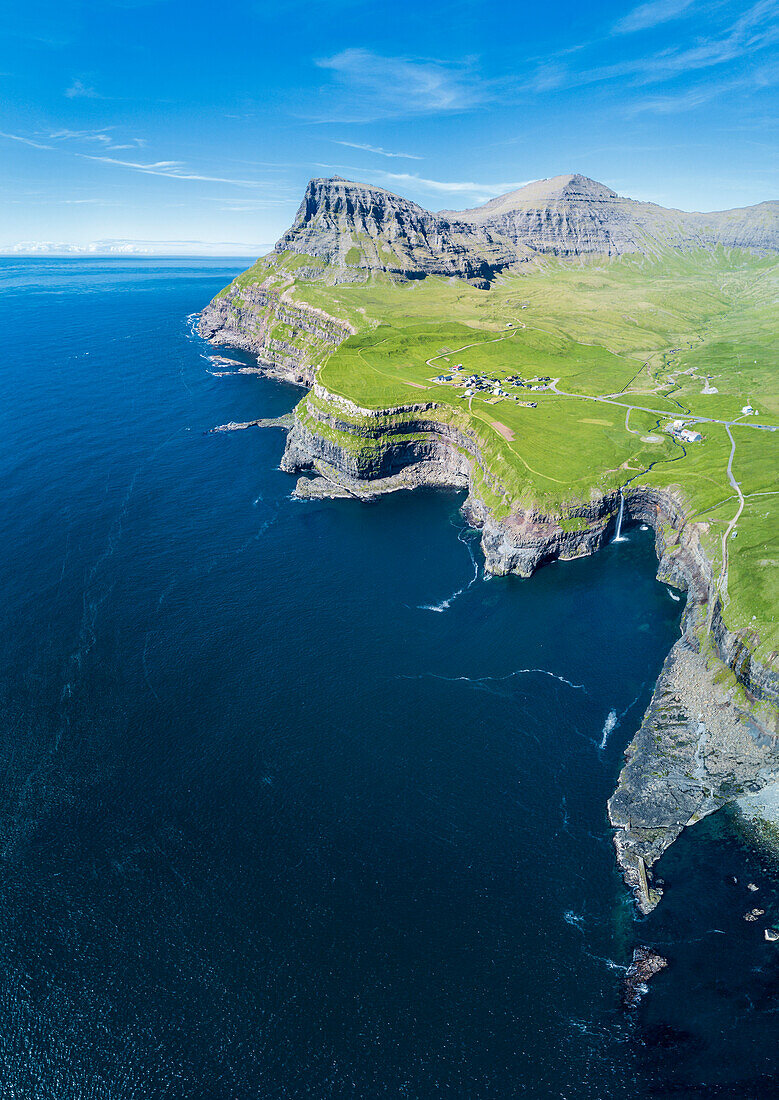 Panoramic of the Atlantic ocean and cliffs, Gasadalur, Vagar Island, Faroe Islands