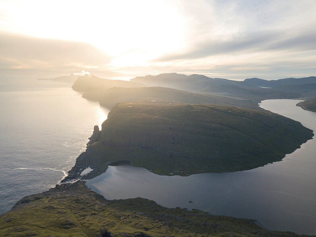 Overview of lake Sorvagsvatn at summer, Vagar Island, Faroe Islands