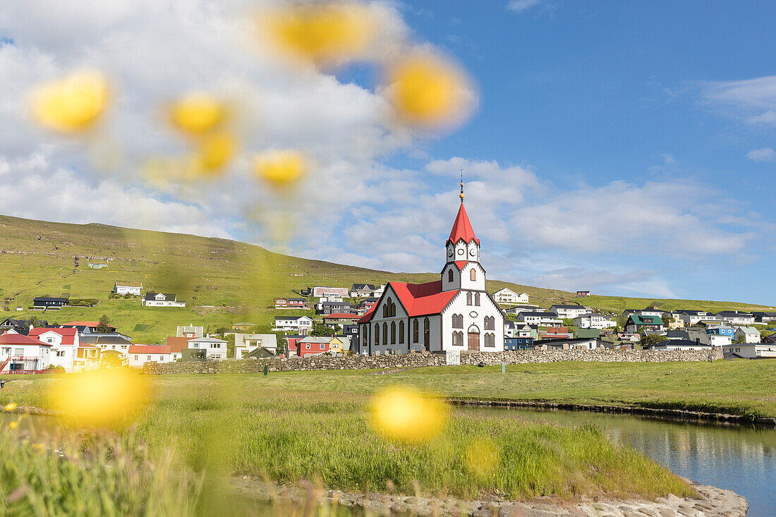 Church and village of Sandavagur, Vagar Island, Faroe Islands