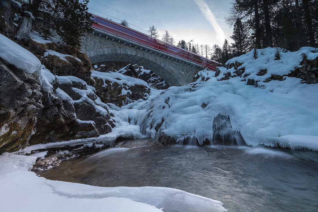 Bernina Express train, Morteratsch, Engadine, Canton of Graubünden, Switzerland