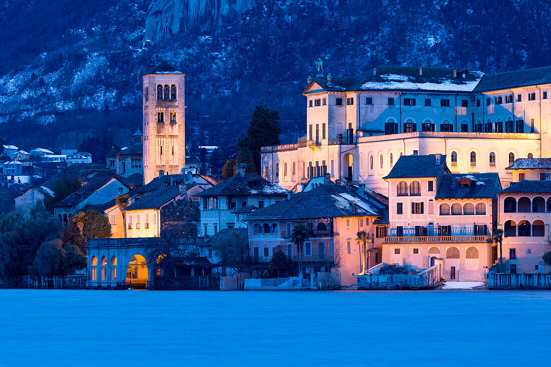Isola di San Giulio by nigth from Orta San Giulio in winter, Province of Novara, Piedmont, Italy