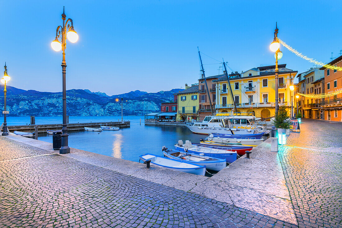 Malcesine at dusk Europe, Italy, Veneto, Verona province, Malcesine