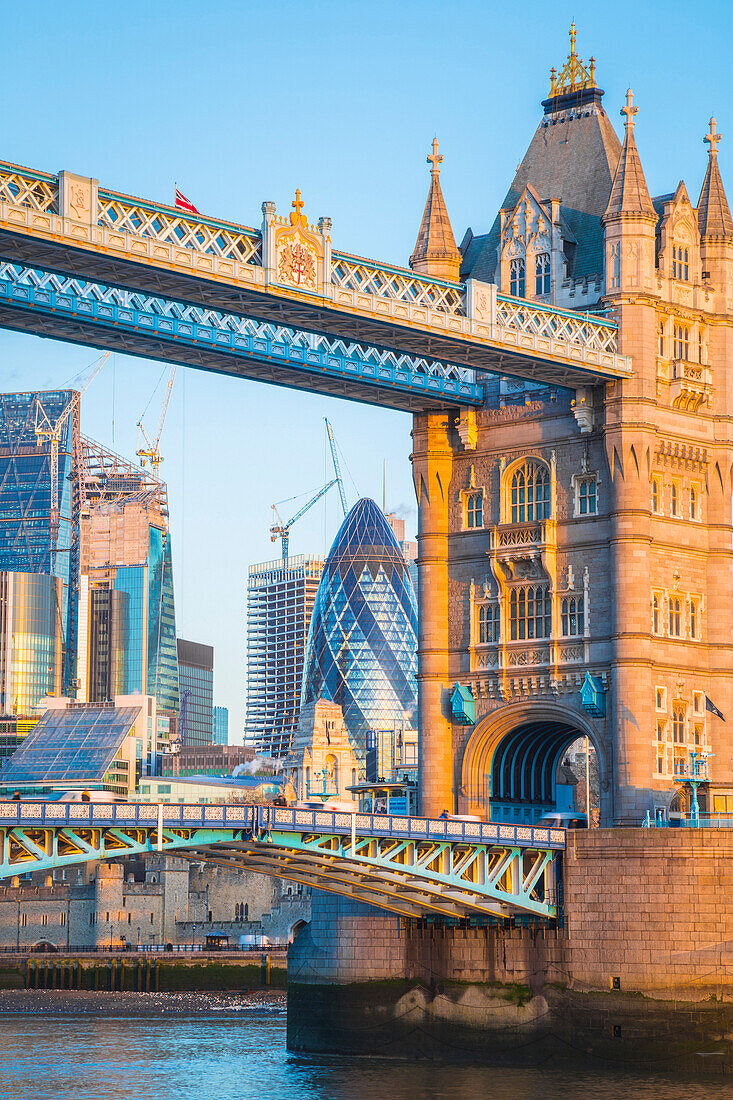 The tower bridge and the London Financial district, London, United Kingdom.