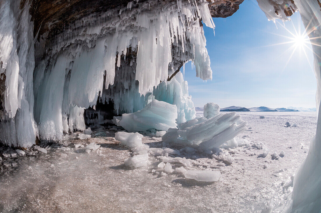 Ice stalactites in a cave at the shore of lake Bajkal, Irkutsk region, Siberia, Russia