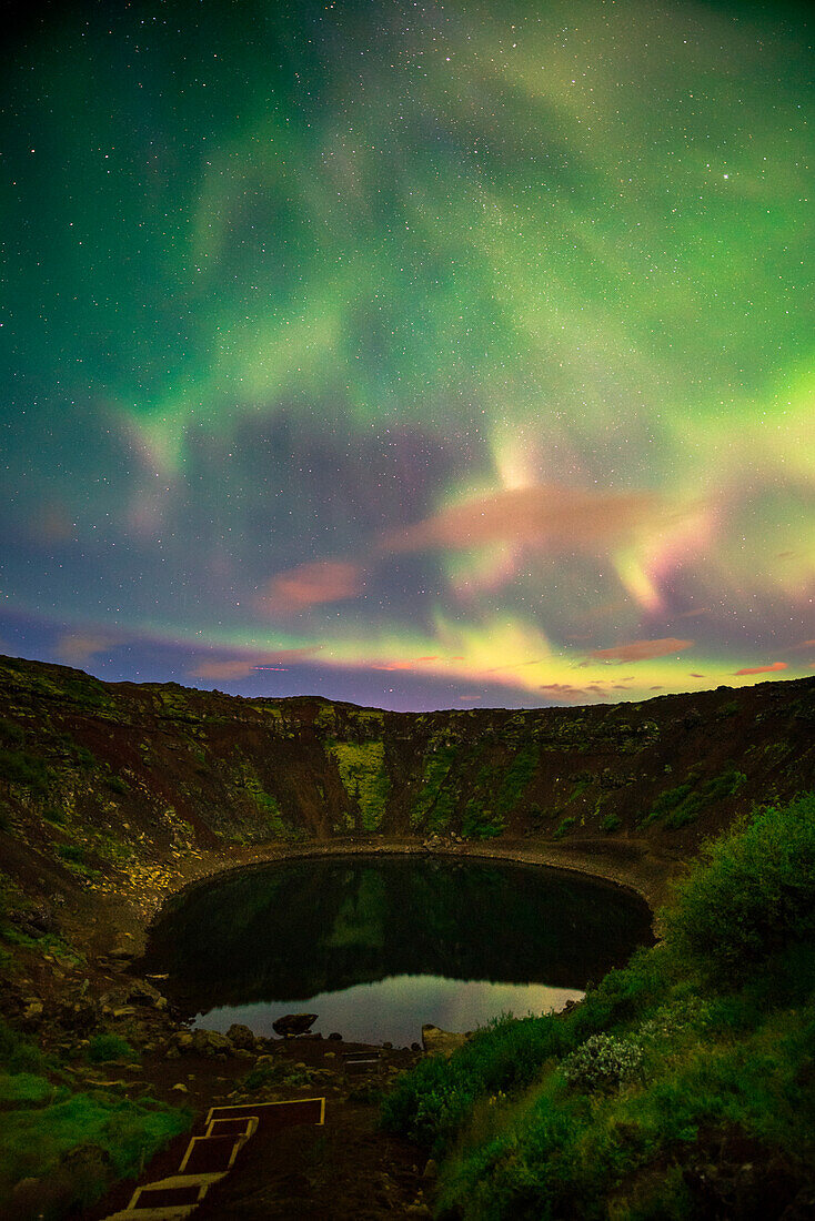 Crater Kerid with northern lights, Selfoss region, Golden Circle, Iceland