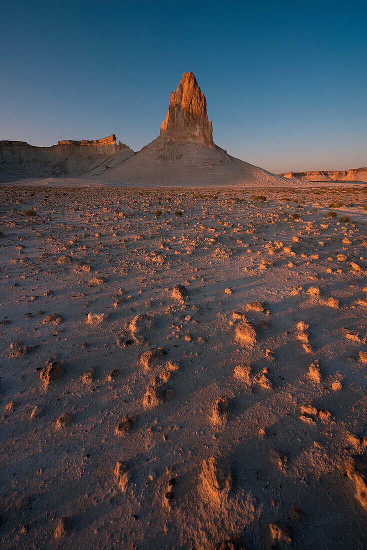 Rock formations at sunset at Boszhira at Caspian Depression desert, Aktau, Mangystau region, Kazakhstan