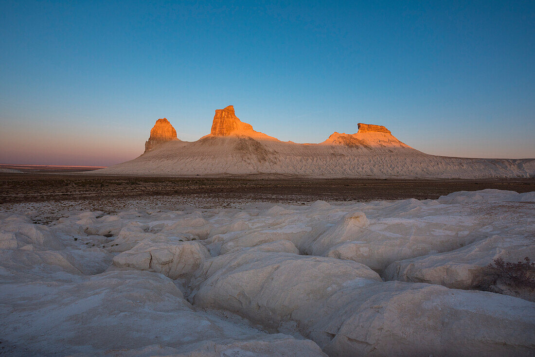 Rock formations at sunrise at Boszhira at Caspian Depression desert, Aktau, Mangystau region, Kazakhstan