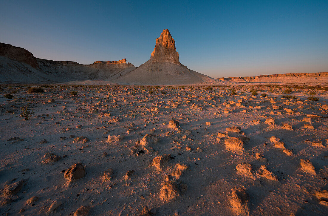 Rock formations at sunset at Boszhira at Caspian Depression desert, Aktau, Mangystau region, Kazakhstan