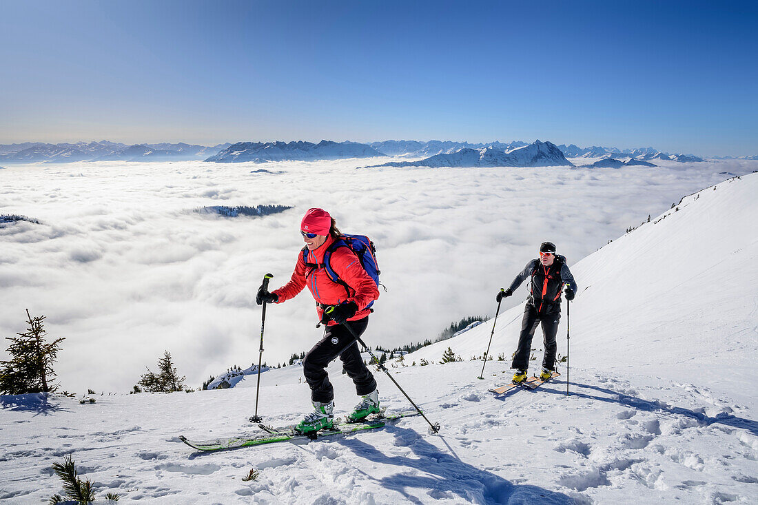 Frau und Mann auf Skitour steigen zum Hinteren Sonnwendjoch auf, Nebelmeer im Tal, Hinteres Sonnwendjoch, Bayerische Alpen, Tirol, Österreich