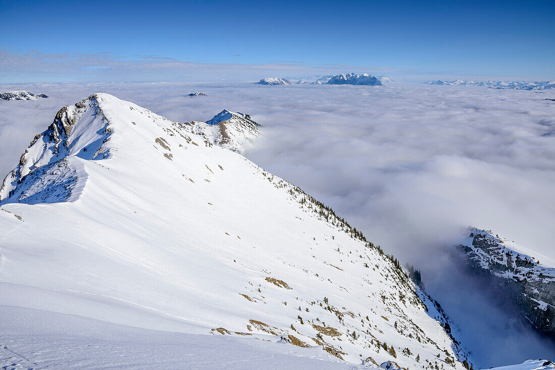 Blick auf Schneeflanken des Hinteren Sonnwendjoch, Nebelmeer im Tal, Hinteres Sonnwendjoch, Bayerische Alpen, Tirol, Österreich