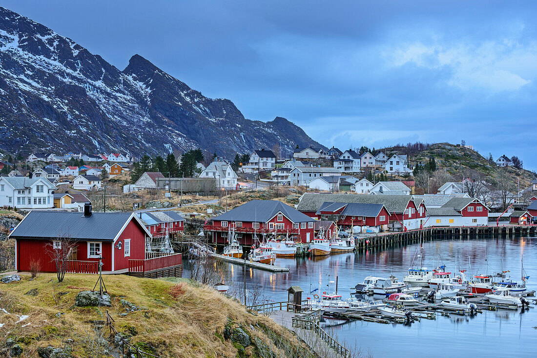 Harbour and fisherman´s cabins in Klingenberg, Lofoten, Nordland, Norway