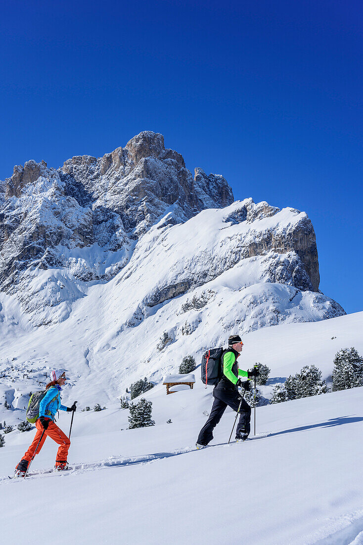 Two persons backcountry skiing ascending to Medalges, Geisler range in background, Medalges, Natural Park Puez-Geisler, UNESCO world heritage site Dolomites, Dolomites, South Tyrol, Italy
