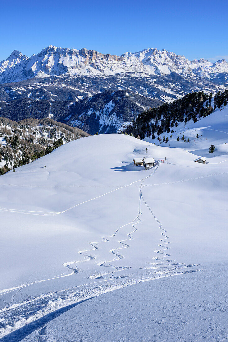 Downhill tracks at Peitlerkofel, Peitlerkofel, Natural Park Puez-Geisler, UNESCO world heritage site Dolomites, Dolomites, South Tyrol, Italy