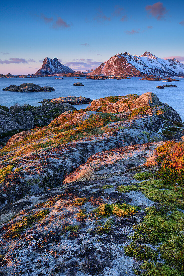 Coast with rocks with snow-covered mountains in background, Lofoten, Nordland, Norway