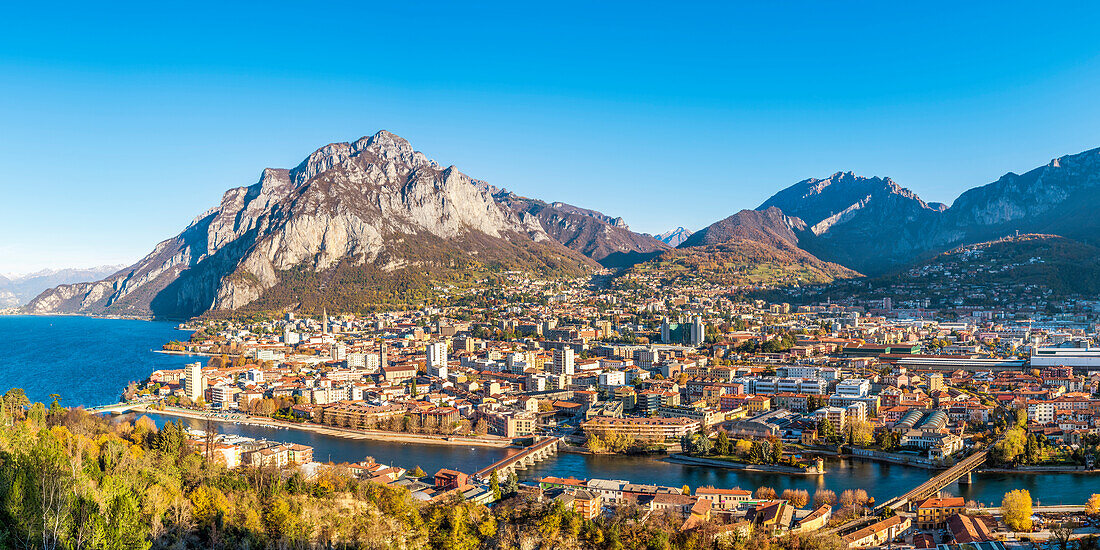 Elevated view of Lecco city with its 3 bridges. Lecco, Como lake, Lombardy, Italy, Europe