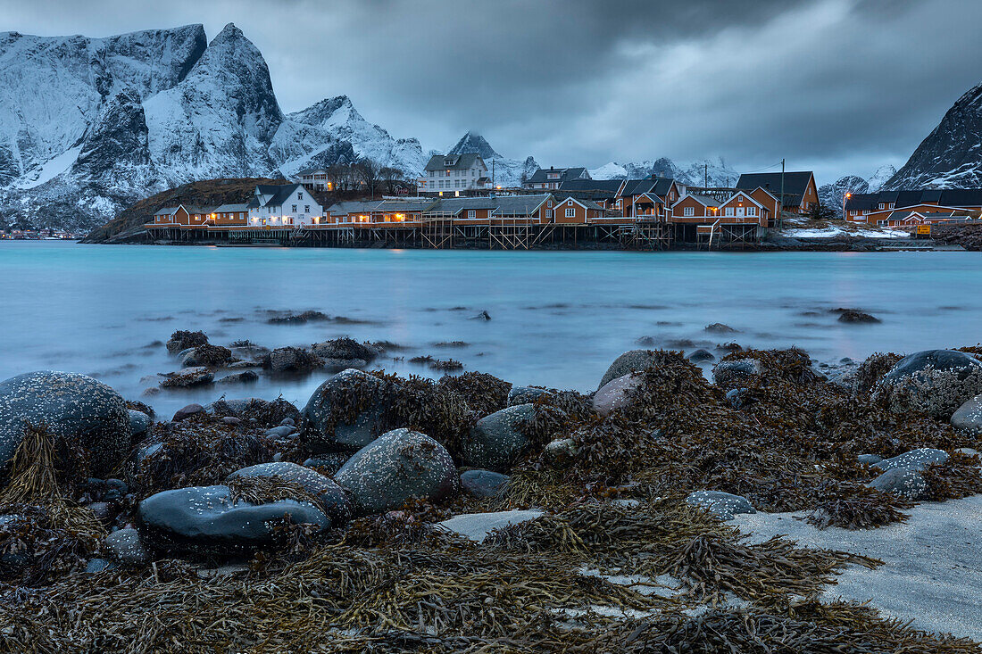 typical village of Sakrisoya, municipality of Moskenes, Lofoten Island, Norway, Europe