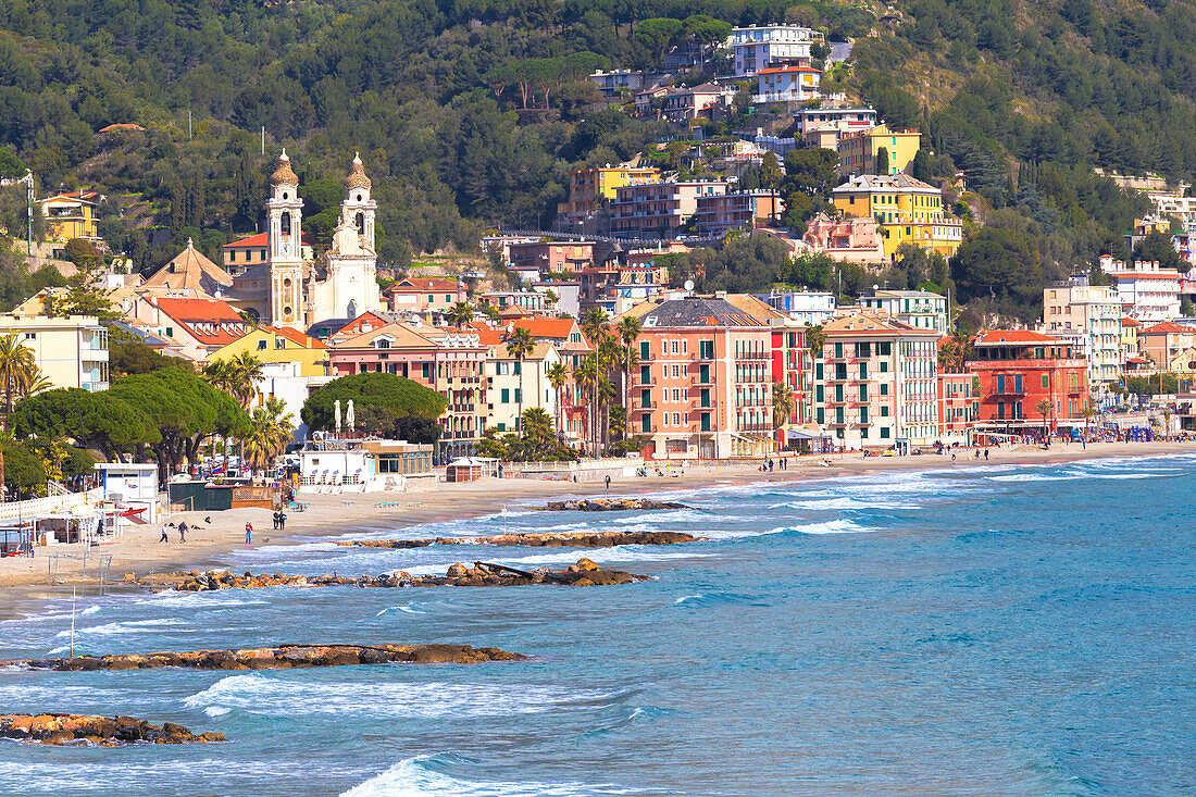 Village and beach of Laigueglia, Province of Savona, Liguria, Italy, Europe.