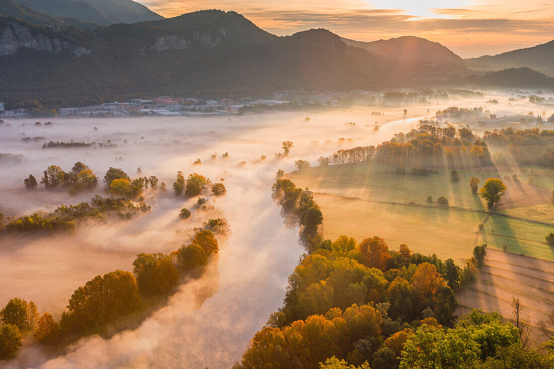 The mists of Adda river, Airuno, Adda Nord park, Lecco province, Brianza, Lombardy, Italy, Europe