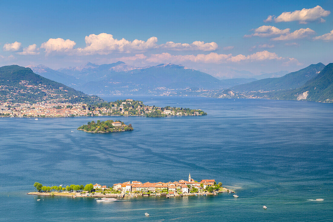 View of the Isola Pescatori, Isola Madre and Pallanza from a viewpoint over Stresa in spring day, Verbano Cusio Ossola, Lago Maggiore, Piedmont, Italy.