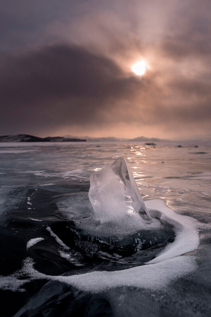 A piece of ice outside the flat ice of lake Baikal, Irkutsk region, Siberia, Russia