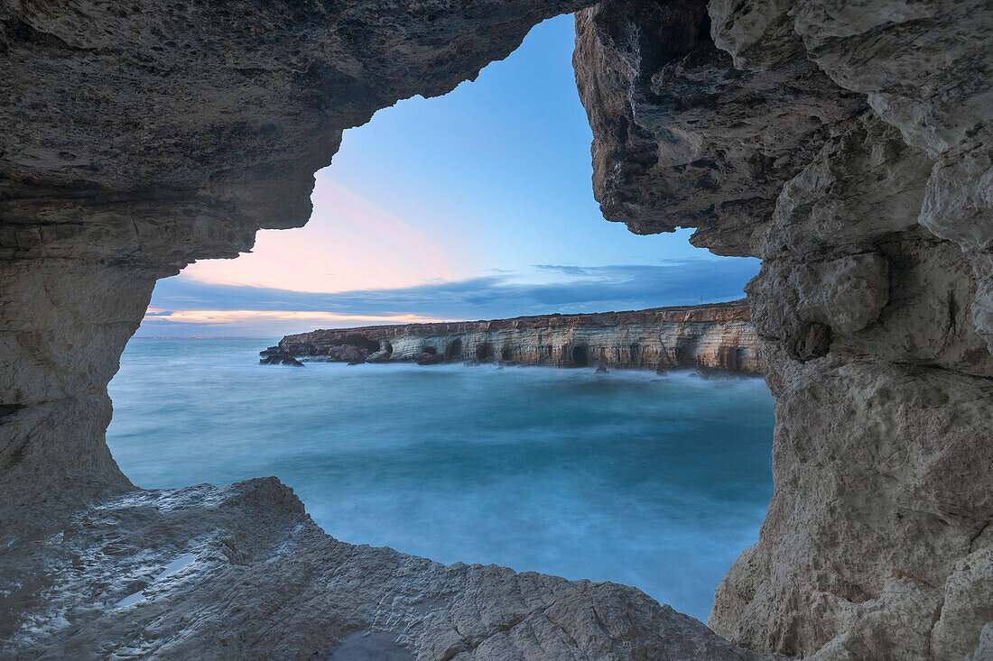 Cyprus, Ayia Napa, The sea caves at Cape Greco at dusk