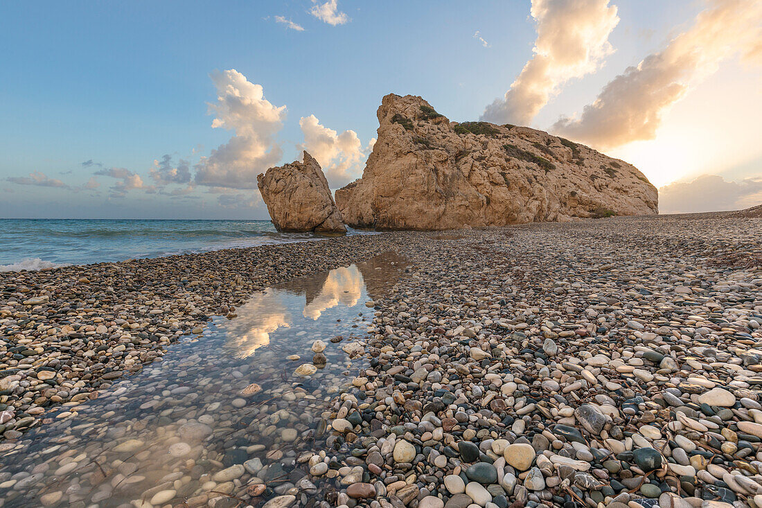 Cyprus, Paphos, Petra tou Romiou also known as Aphrodite’s Rock at sunset
