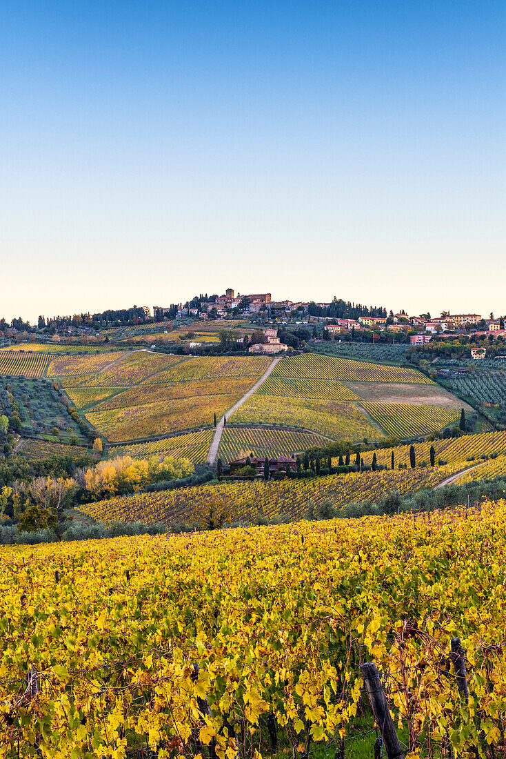 Panzano in Chianti, Florence, Tuscany, Italy. Panzano village at sunrise