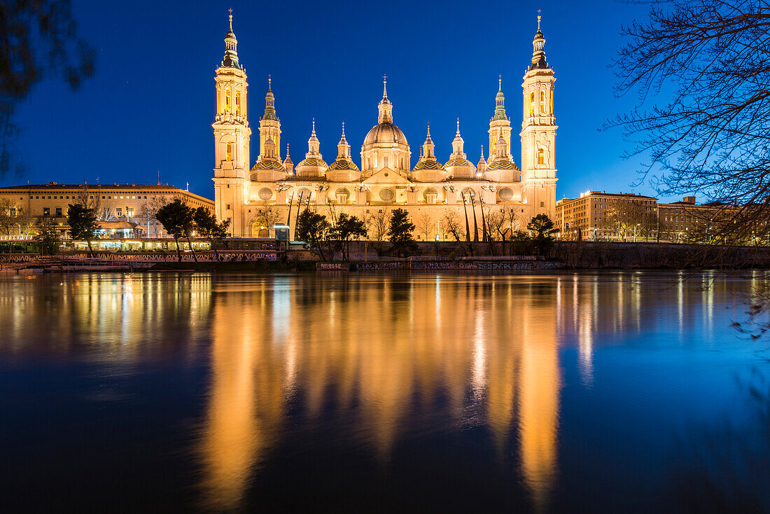 Cathedral of Our Lady of the Pillar at dusk. Zaragoza, Aragon, Spain, Europe