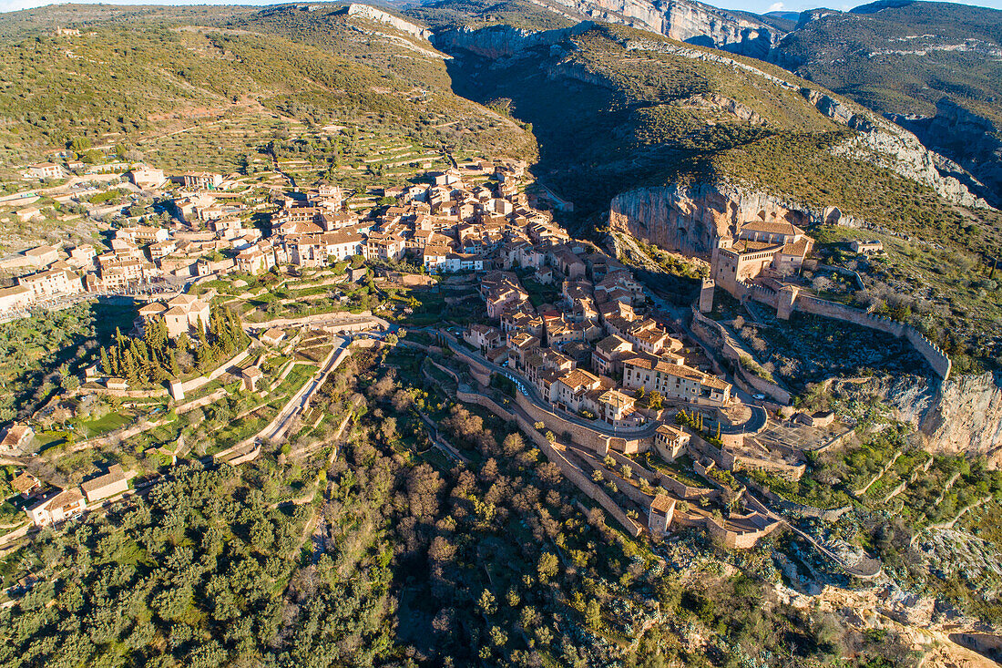 Aerial view of Alquezar village, Alquezar, Huesca, Aragon, Spain, Europe